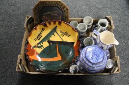 A box of pottery wine jug and goblets, Ringtons jug and caddy, studio pottery bowl,