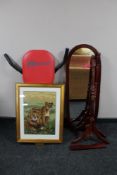 An Ab exerciser together with a cheval mirror on stand (no fixings) and a framed tapestry