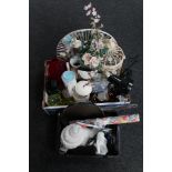 A box and a basket of mirror, glass ware, chalk bust, angle poised lamp,