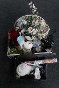 A box and a basket of mirror, glass ware, chalk bust, angle poised lamp,