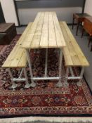 A reclaimed scaffolding table and bench set,