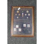 A coin and stamp montage - 60th Anniversary of D-Day 6th June 1944-6th June 2004, framed.