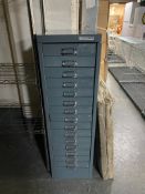 A metal fifteen drawer index chest