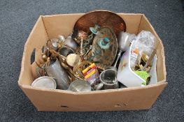 A box of antique and later metal ware - brass cutlery, tankards,