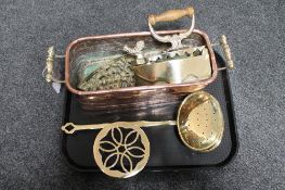 A tray of copper planter, brass chestnut roaster, iron,