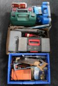Three boxes power tools, hand tools, tool boxes,
