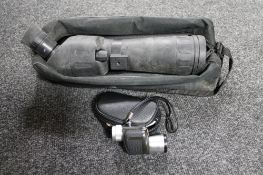 A spotting scope in carry bag with tripod and a Lemex pocket scope