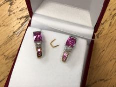 A pair of 10ct two-tone gold pink tourmaline and diamond set earrings