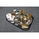 A collection of metal wares including a pair of brass elephant ornaments, two small brass bells,