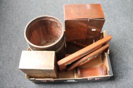 A box of wooden pieces - hand painted cabinet door, wine box, wooden barrel,