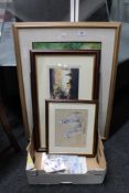 A box of two framed watercolours - Poppy fields, castle on outcrop with accompanying book,