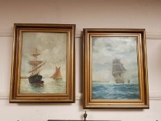 Two continental oil paintings depicting boats at sea,