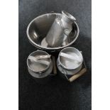 Three aluminium pans and three miniature lidded churns