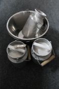Three aluminium pans and three miniature lidded churns
