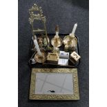 A tray of ornate brass easel frame, brass chamber sticks, mantel clocks etc,