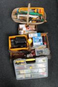 Two boxes, a case and a basket of gardening tools, hand tools, hardware, taps,