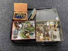 A tray silver comb, costume jewellery, gent's wristwatches, decimal coins,