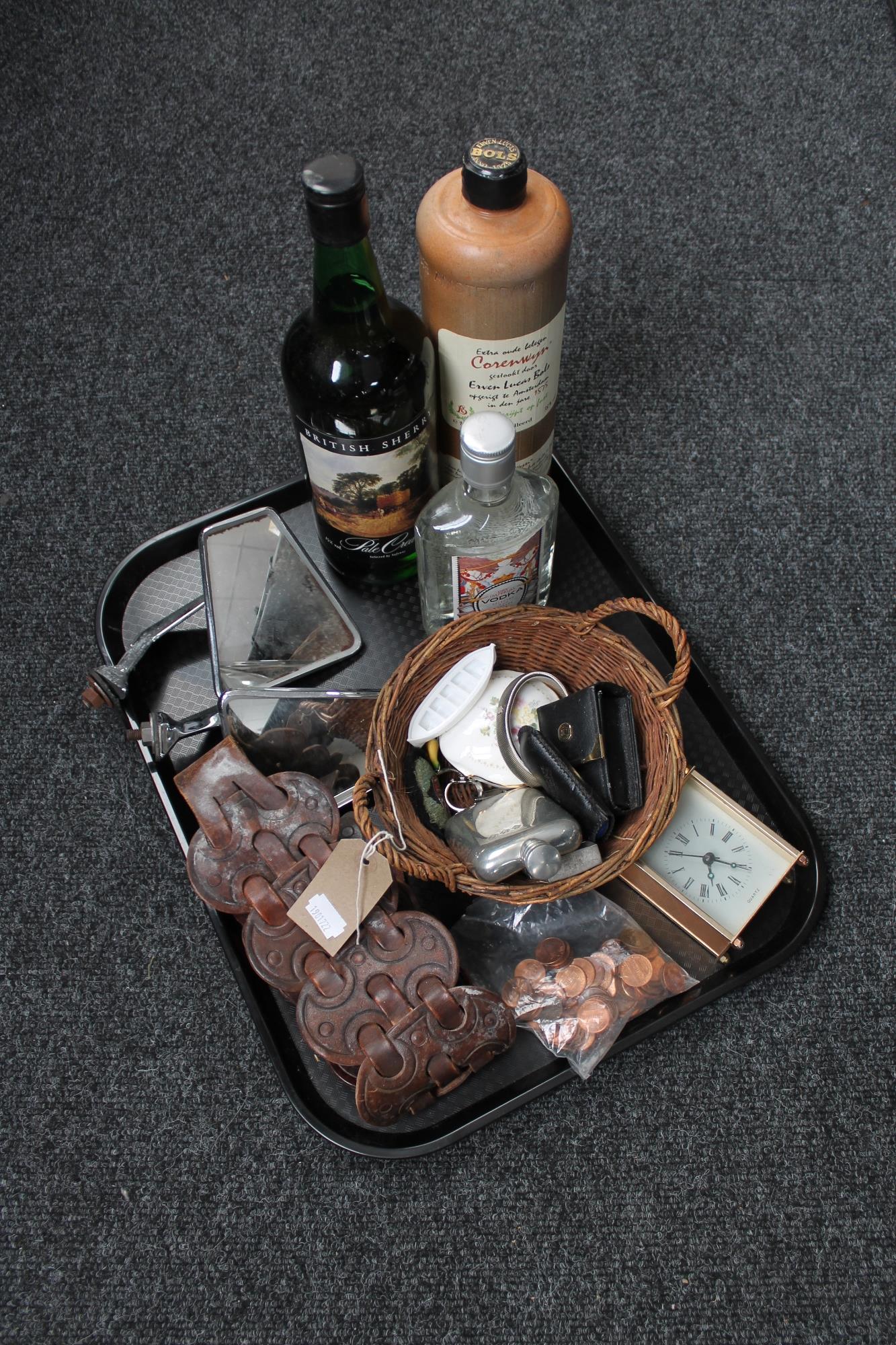 A tray of three bottles of alcohol, vintage wing mirrors, tooled leather belt, hip flask, lighters,