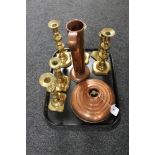 A Victorian copper bed warmer, together with a copper ewer and six Victorian candlesticks.