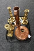 A Victorian copper bed warmer, together with a copper ewer and six Victorian candlesticks.