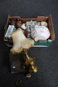 A box of antique dinner ware, blue and white jasper ware, chamber pots, canteen of cutlery,