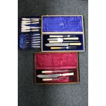 A tray of two cased antique carving sets and a cased canteen of EPNS fish cutlery (3)