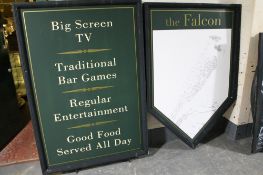 Two pub signs from The Falcon Pub together with seven further pub chalk boards