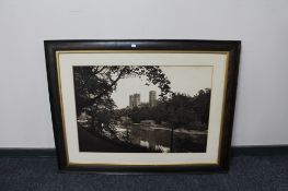 An antiquarian oak framed monochrome picture of Durham Cathedral