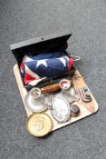 A tray of tin lock box, brass ash tray, plated candlesticks,