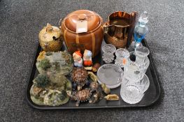 A tray of assorted glass ware, Wade whimsies, wooden barrel, copper lustre jug,