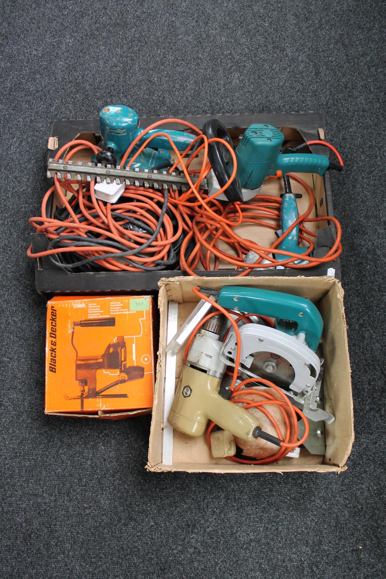 Two boxes of assorted power tools and electric power tools, sander,