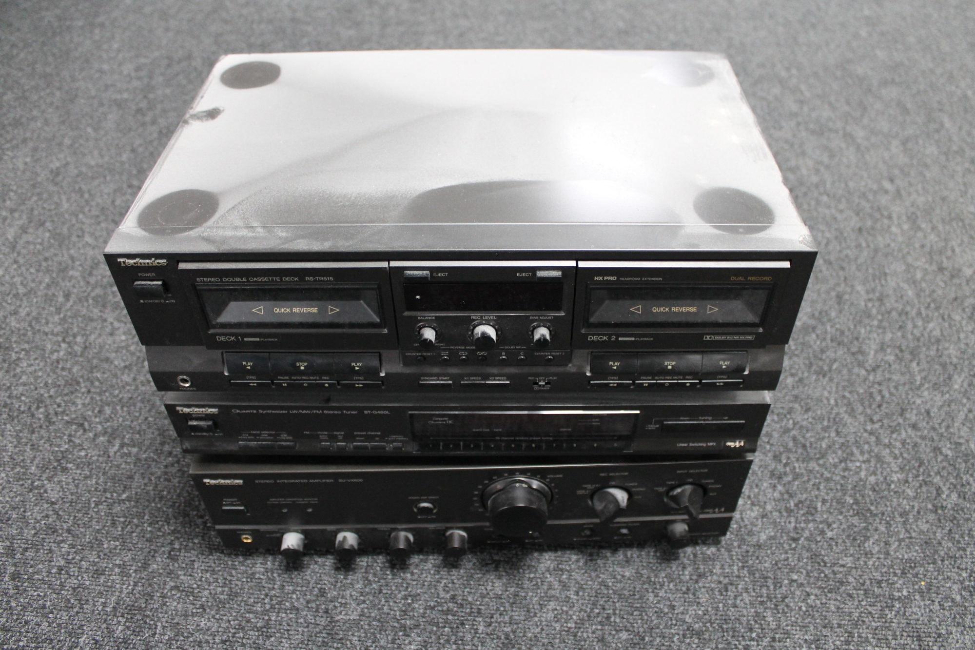 Three Technics hi/fi separates : double cassette deck RST515, synthesizer ST-G460L,