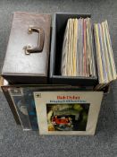 A box and a crate of vinyl records mainly rock and pop - Bob Dylan, The Beatles, Shanker,