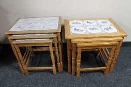 Two nests of three blonde oak tiled topped tables