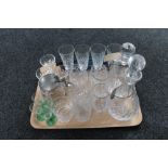 A tray of glass ware - antique blue glass, antique rolling pin, two decanters with labels,