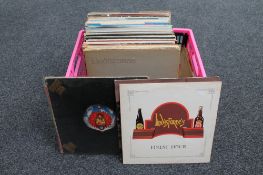 A box of vinyl LP records to include Santana, Bob Dylan, Lindisfarne,