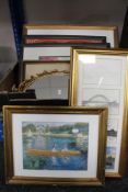 A box of framed pictures and prints - Tyne Bridge, watercolour,