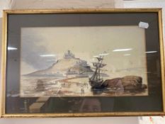 A gilt framed watercolour of a boat at low tide