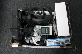 A box of electricals - PS steering wheel, joy stick, Wii controller,