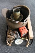 A tray of telephone money box, brass ware, brass coal bucket,