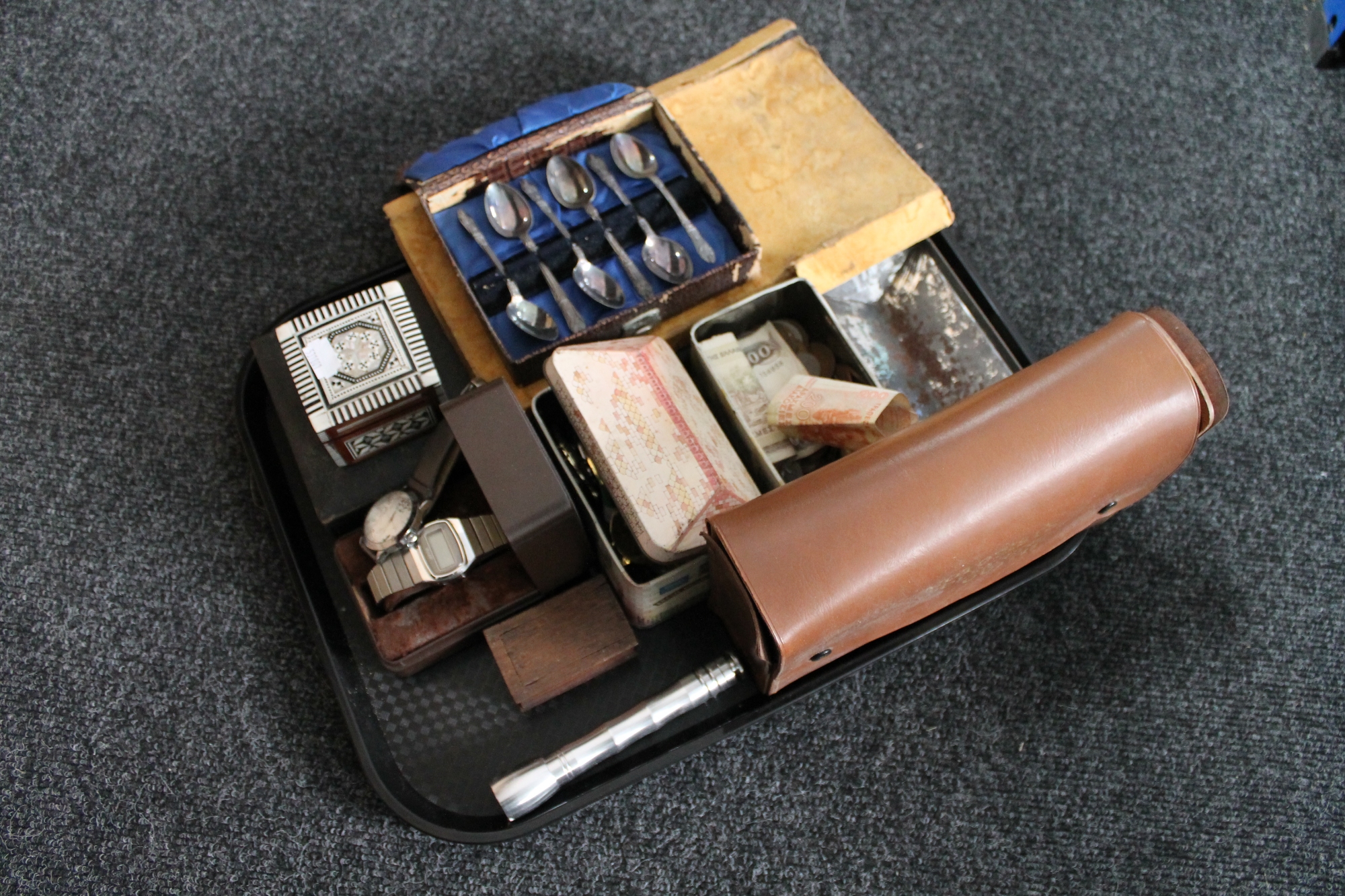 A tray of tin of Elizabeth and later English coins, bank notes, sports medals, gent's wrist watches,