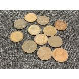 A bag of twelve 19th century Victorian and George IV Britannia pennies