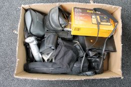 A box of assorted cameras including Kodak, Pentax, Praktica, binoculars,