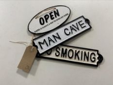 Three cast iron signs - Man cave,