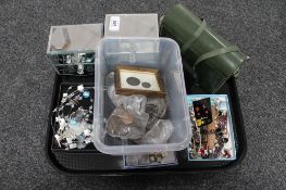 A tray of silver and costume jewellery, box of British coins etc, cased binoculars,