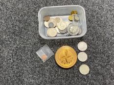 A box of coins - 1797 cartwheel penny, British five pound coin, Ingersol pocket watch,