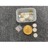 A box of coins - 1797 cartwheel penny, British five pound coin, Ingersol pocket watch,