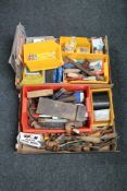 Two boxes and a metal tool box of hand tools and hardware