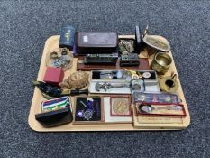 A tray of assorted bank money box, coins, enamelled badges, silver nursing badge, tie pin,