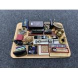 A tray of assorted bank money box, coins, enamelled badges, silver nursing badge, tie pin,